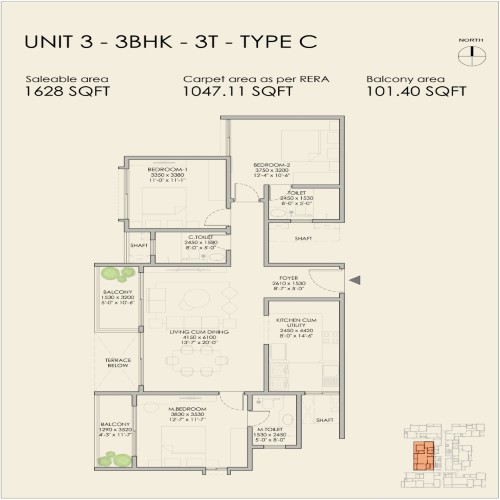 3BHK Unit Plan - 1628 Sqft