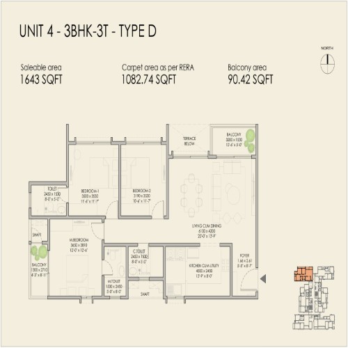3BHK Unit Plan - 1643 Sqft