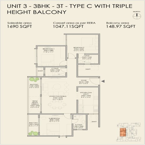 3BHK Unit Plan - 1690 Sqft