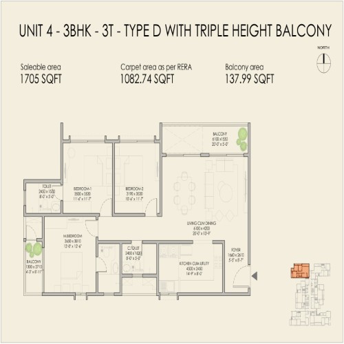 3BHK Unit Plan - 1705 Sqft