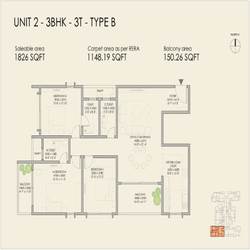 3BHK Unit Plan - 1826 Sqft